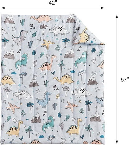 Joyreap 4 Piece Toddler Bedding Set, Cute Dinosaur on Light Blue, Ultra Soft Microfiber Toddler Comforter for Kids Boys Girls, Includes Quilted Comforter, Fitted Sheet, Top Sheet, and Pillow Case