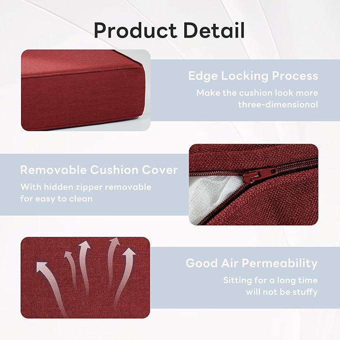 6" Thicker Outdoor Chair Cushion 7 Sets - 24" *24" *6" Waterproof Patio Furniture Cushions with Removable Cover, 28D High Density Sponge Filling Thicken Outdoor Patio Cushions - Red