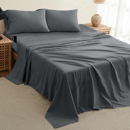 DREAMCARE California King Sheet Sets – 4 pcs Cooling Sheets – up to 21” Deep Cal King Sheets – Hotel Luxury Sheets & Pillowcases – Superior Softness 100% Fine Microfiber with Side Pocket – Dark Gray