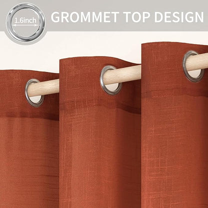MIULEE Burnt Orange 2 Panels 90 Inch Long Farmhouse Linen Sheer Window Curtains Elegant Terracotta Rust Fall Autumn Drapes Grommet Top Linen Textured Voile for Bedroom Living Room (52 X 90 Inch)