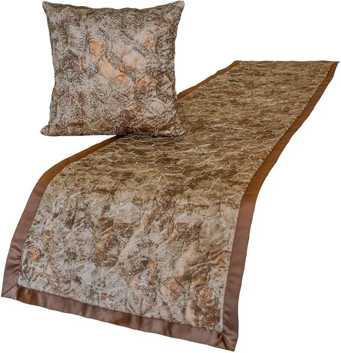 The HomeCentric King/Queen/Twin Copper Designer Queen 74"x18" Bed Runner with 2 Pillow Cover, Beaded & Foil Bed Scarf on Silk Fabric - Aranka