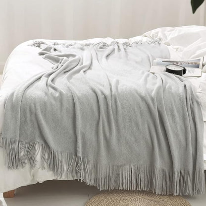 Homiest Decorative Knitted Throw Blanket with Fringe - Lightweight Acrylic Knit Blanket Soft & Cozy Tassel Blanket for Couch Sofa Bed - Light Grey, 60 x 80 Inch
