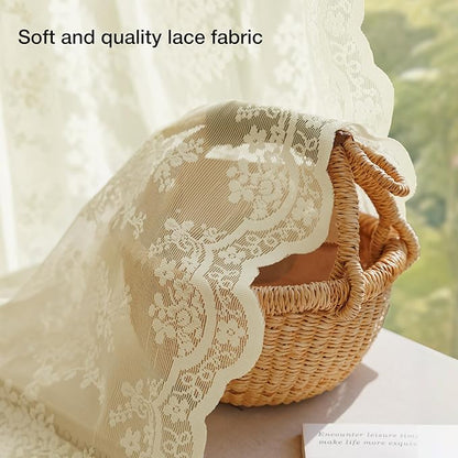 Anmao Vintage Lace Curtains 54 Inches Long 2 Panels Set, Romantic Elegant Light Filtering Semi Sheer Floral Thick Lacy Curtain Drapes for Living Room and Bedroom, Each Panel 55W x 54L, Cream Yellow