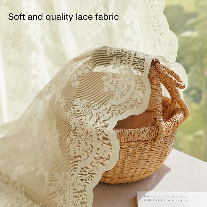 Anmao Vintage Lace Curtains 96 Inches Long 2 Panels Set, Romantic Elegant Light Filtering Semi Sheer Floral Thick Lacy Curtain Drapes for Living Room and Bedroom, Each Panel 55W x 96L, Cream Yellow