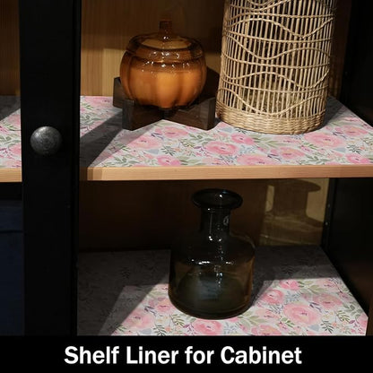 Peach Peony Shelf and Drawer Liner for Kitchen,Non-Adhesive and Strong Non-Slip Floral Cabinet Drawer Liners for Kitchen Shelf, Waterproof Cupboard Liners,Easy to Clean,12IN x 10FT