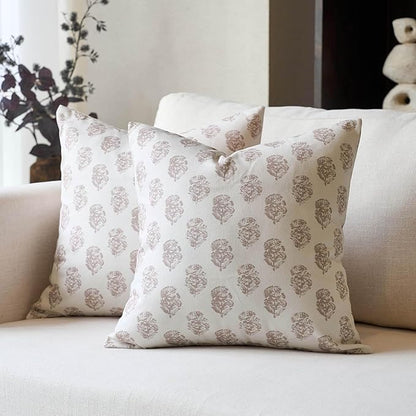 DOMVITUS Set of 2 Floral Pillow Covers 18x18, Block Print Pillow Covers Vintage Neutral Decorative Farmhouse Throw Pillow Covers for Couch Bed Living Room Light Camel