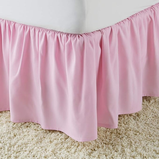 Pink Wrap Around Bed Skirts with 16" Drop - Three Sides Fabric Adjustable Elastic Dust Ruffle Silky Soft -600 TC Stretchy Bed Skirt-Olympic Queen(66"X 80") Pink