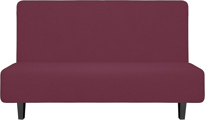 Easy-Going Stretch Futon Slipcover Armless Futon Bed Cover Furniture Protector Without Armrests with Elastic Bottom for Kids, Soft Jacquard Fabric Small Checks (Medium, ASH Rose)