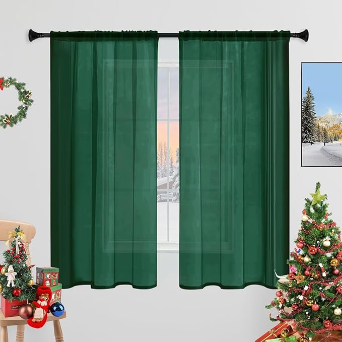 Sheer Curtains 72 Inches Long 2 Panels, Rod Pocket Short Curtain for Kitchen, Bedroom, Cafe Window(Foliage Green 38" W x 72" L)