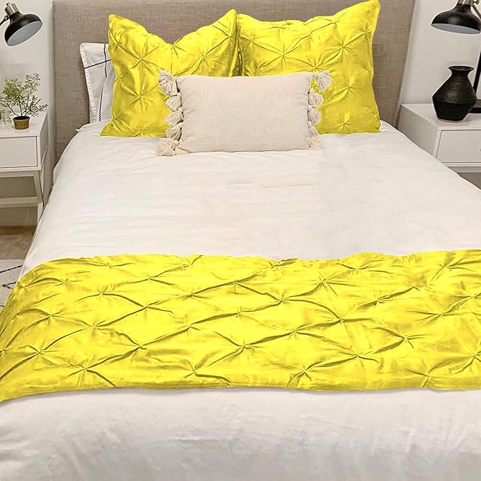 Bed Runner Set - 100% Pure Cotton 800 Thread Count - Luxury 1 Pinch Pleated Bed Runner and 2 Pillow Cover - 3 Piece Pinch Pleated Bed Runner Set Twin, Yellow