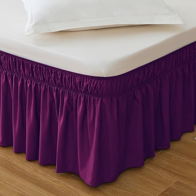 MEILA Wrap Around Bed Skirt Three Fabric Sides Elastic Dust Ruffled 24 Inch Tailored Drop,Easy to Install Fade Resistant-Purple, Queen/King