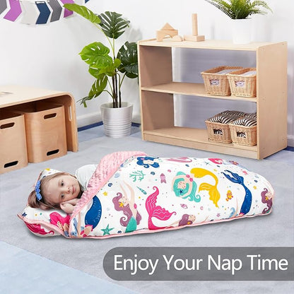 Primlect Thickened Toddler Nap Mat with Removable Pillow and Minky Blanket, Extra Large 55''x35'' Sleeping Bag, Washable, Roll up, Perfect for Daycare, Preschool, Kindergarten, Boys and Girls Mermaid