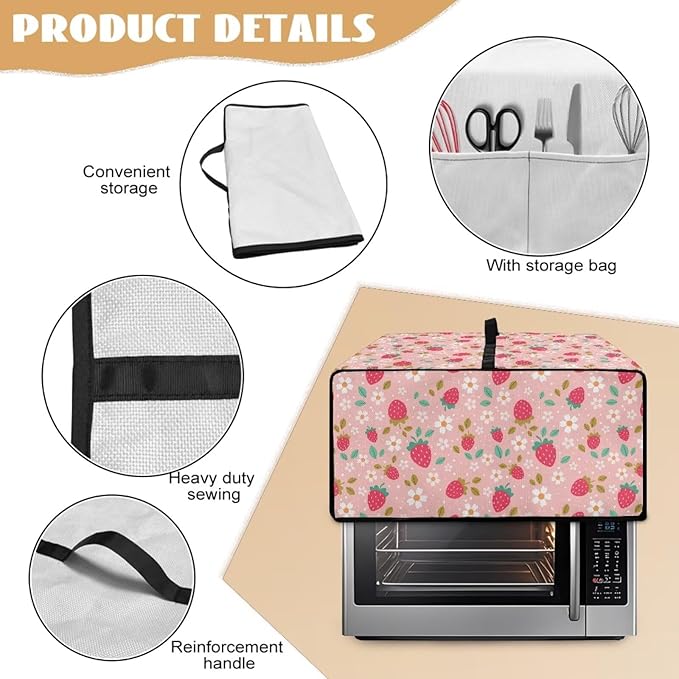 Pink Strawberry Cherry Blossom Print Microwave Oven Dust Cover Toaster Oven Cover Foldable Polyester-Linen Fabric Small Appliance Dust Covers Suitable for Most Microwave Ovens, L