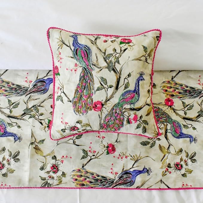 The HomeCentric King/Queen/Twin Pink & Purple Decorative CA King 86"x18" Bed Runner with One Pillow Cover, Peacock, Beaded, Pom Pom Lace Bed Scarf on Cotton Fabric - Pavo Paradiso