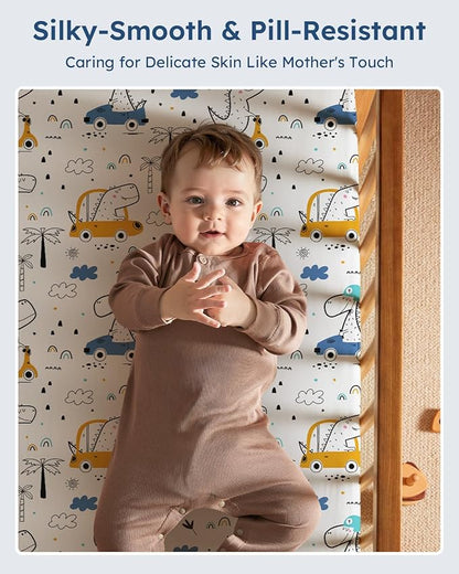 Pack and Play Sheets Fitted 3 Pack, Mini Crib Sheets for Pack N Play Mattress Stretchy Portable Playard Sheets, Soft Breathable Grey & Blue Car