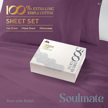 Mayfair Linen 100% Cotton Bed Sheets Queen Sheet Set - 500 Thread Count Sheets Queen Size 4 PC Set (Plum) Soft, Cooling, Hotel-Quality 16" Deep Pocket Sateen Cotton Bedsheet for Hot Sleepers