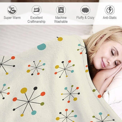 Mid Century Throw Blanket, Retro Abstract Geometric Pattern Boho 1950s 1960s Iconic Atomic Starbursts Modern Sputnik Print Blanket for Couch Sofa Bed Decorative Gifts 50"x60"