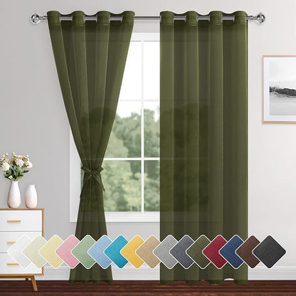 XWZO Sheer Curtains 84 Inches Length 2 Panels for Bedroom, Grommet Light Filtering Semi Transparent Voile Window Curtains for Living Room, Basement with Tiebacks, Olive Green, 52 x 84 Inches Long