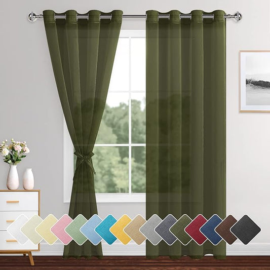 XWZO Sheer Curtains 84 Inches Length 2 Panels for Bedroom, Grommet Light Filtering Semi Transparent Voile Window Curtains for Living Room, Basement with Tiebacks, Olive Green, 52 x 84 Inches Long