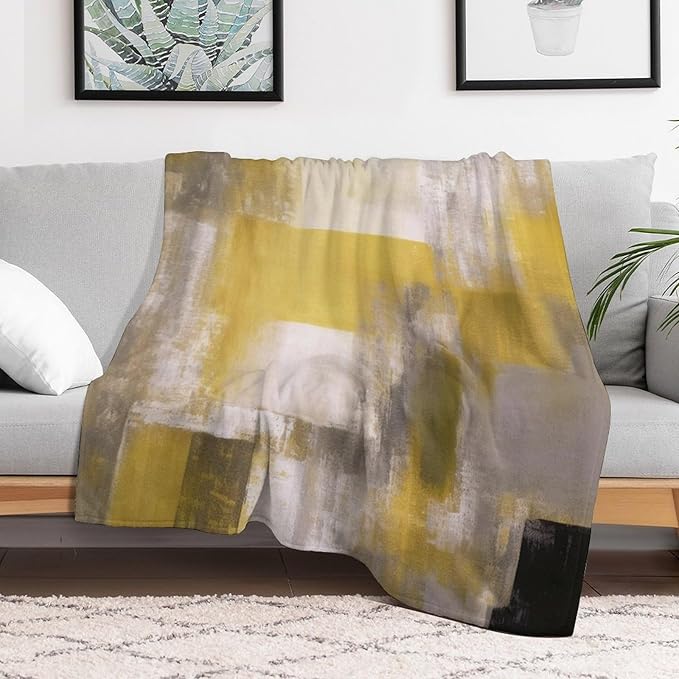 Abstract Gradient Blanket, Modern Fashion Art Yellow Grey Painting Strokes Pattern Soft Warm Cozy Plush Flannel Covers for Livingroom Bedroom Couch Chair Camping Travel Home Decor Tapestry 30x40in