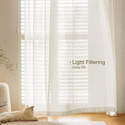 Anmao Flax Linen Curtains for Living Room 45 Inch Length 2 Panels Set, Light Filtering Sheer Window Curtain Drapes for Bedroom with Nickel Grommet, 52 Inch Wide Each Panel, Ivory Color