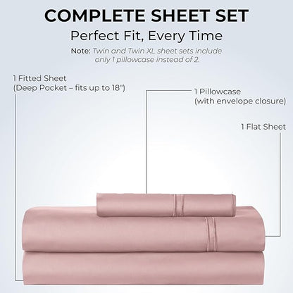100% Natural Cotton Bed Sheets | 500 TC Single-Ply Sateen Weave Twin XL Sheets | Soft, Breathable, Hypoallergenic Solid 3-Piece Bedding with Deep Pocket Fitted, Flat, Pillowcase | Blush