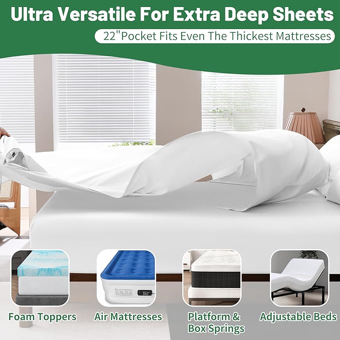Extra Deep Pocket Queen Sheets 18-24 Inch 100% Egyptian Cotton 1000 Thread Count Sateen Weave Soft Breathable 4 Pieces（Queen,White）