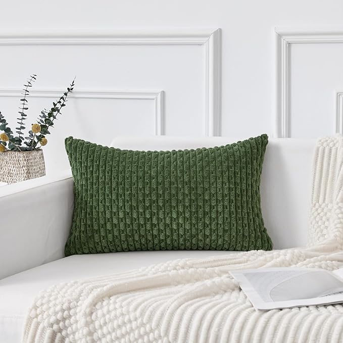 Kevin Textile 12x24 Inch Pillow Cover 1 Pack Boho Decorative Soft Striped Corduroy Lumbar Farmhouse Solid Color Accent Rectangle Cushion Case for Living Room Couch Sofa Bed, Moss Green