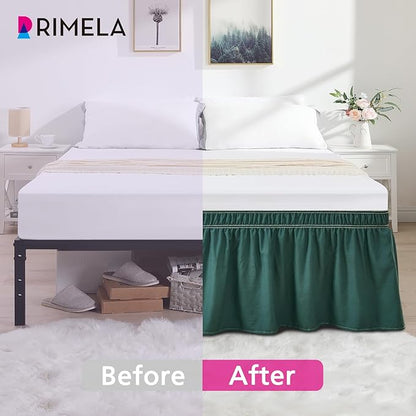 RIMELA Emerald Green Bed Skirt Queen Size 15 Inch Drop, Wrap Around Elastic Bedskirt, Dust Ruffle for Adjustable Bed Base Machine Washable Easy to Install Bed Skirts,Christmas Bedroom Decor