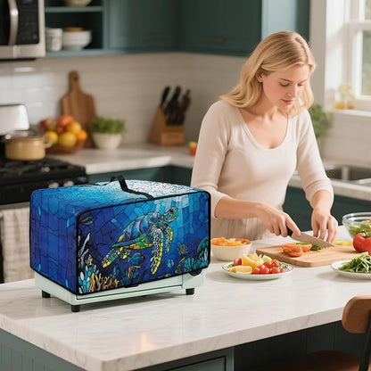 Glass Painting Sea Turtle Print Microwave Oven Cover Dustproof Toaster Oven Cover Large Size Foldable Kitchen Appliance Protector with Storage Bag Machine Washable, M