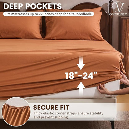 100% Linen Sheet Set Queen Size Extra Deep Pocket Fits 18-24 Inch Mattress, Breathable & Soft, Smooth 4-Piece Set for Thick Mattresses Hotel Luxury Bedding（Queen, Brown）