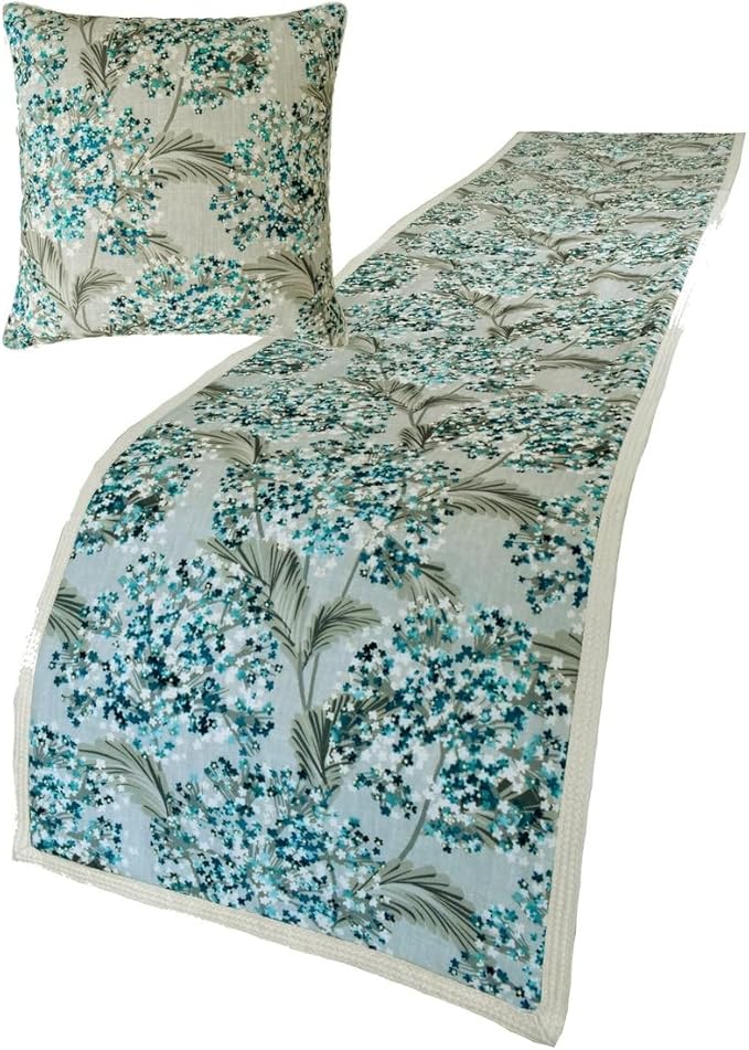 The HomeCentric King/Queen/Twin Blue Decorative King 90"x18" Bed Runner with Two Pillow Cover, Cotton & Pearl Embroidery Bed Scarf on Cotton Fabric - Blue Star Fauna