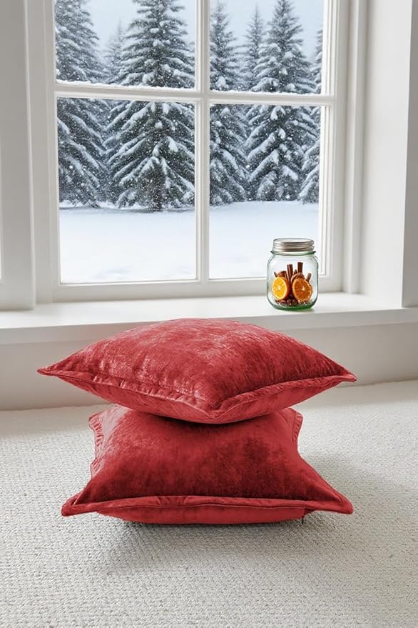 Luxurious Velvet Throw Pillow Covers 20x20 Set of 2 Decorative Pillow Covers Solid Square Cushion Case for Sofa Couch Bedroom Farmhouse, Red
