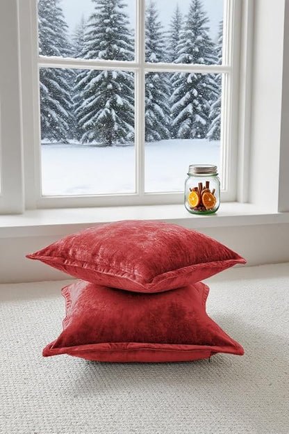 Luxurious Velvet Throw Pillow Covers 20x20 Set of 2 Decorative Pillow Covers Solid Square Cushion Case for Sofa Couch Bedroom Farmhouse, Red