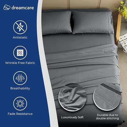 DREAMCARE King Size Sheets Set – 4 pcs Cooling Sheets – up to 21” Deep Pocket King Sheet Set – Hotel Luxury Sheets & Pillowcases – Superior Softness 100% Fine Microfiber with Side Pocket – Dark Gray