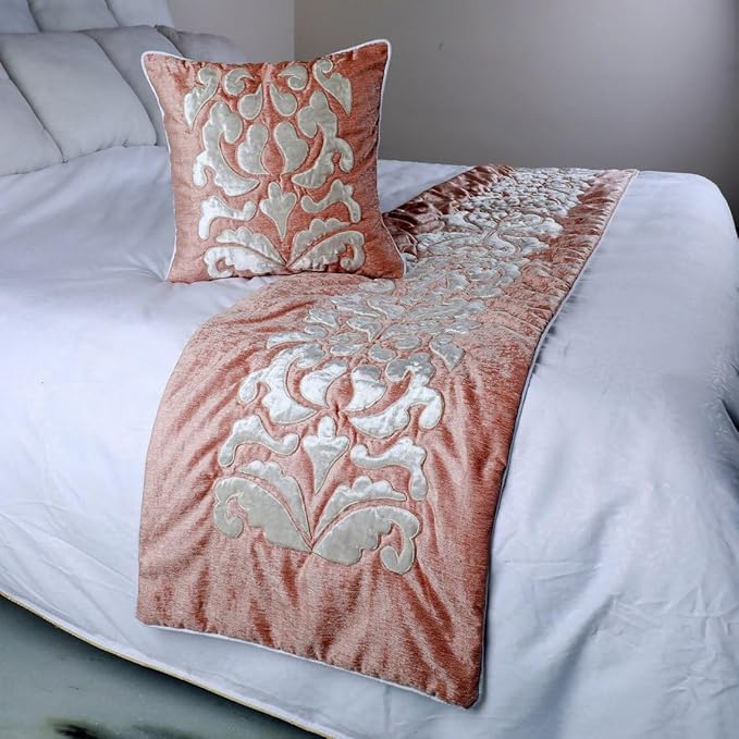 The HomeCentric Handmade Peach & Ivory King 90 x 18 inch Bed Runner Without Pillow Cover, Velvet Applique Bed Scarf, Abstract Modern - Peach Elegance