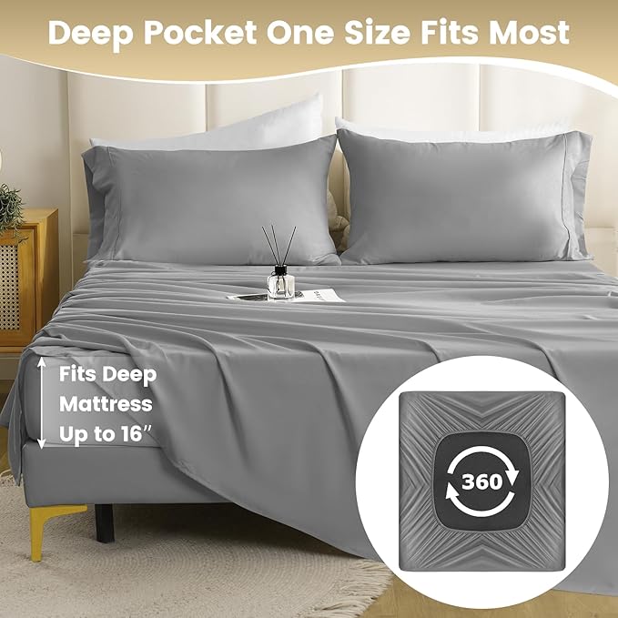 Twin Sheet Set - 3 Piece Silky Ultra Soft Breathable Bed Sheet Set, 16" Deep Pocket for Mattress, Hotel Luxury Twin Size Sheets & Wrinkle Free,Easy Care Cooling Bedding Sheets,Light Grey