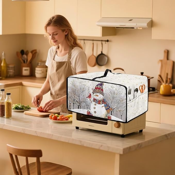 Christmas Air Fryer Toaster Oven Dust Cover Dustproof Convection Oven Cover with Pockets for Small Kitchen Appliances, M, 16.5 x 20.5 x 10 Inches, Snowman Cardinal Bird Tree Star White