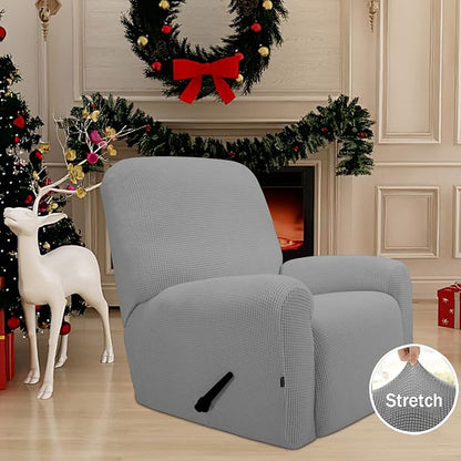 Easy-Going Recliner Stretch Sofa Slipcover Sofa Cover 4-Pieces Furniture Protector Couch Soft with Elastic Bottom Spandex Jacquard Fabric Small Checks(Recliner,Light Gray) Large