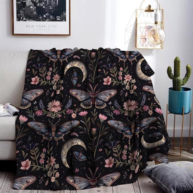 Moon Moth Throw Blanket 70"x80" Soft Cozy Lightweight Flannel,Mystical Night Garden Botanical Celestial Blankets Gifts for Women Gothic Witchy Blanekts for Couch Office Travel Home Decor