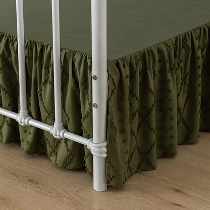 Bed Skirt Queen Size Ruffled Bed Skirt with Split Corners, 18 Inch Drop Dust Ruffle Bed Skirts with Platform, Boho Tufted Shabby Chic Queen Size Bed Skirts, Olive Green