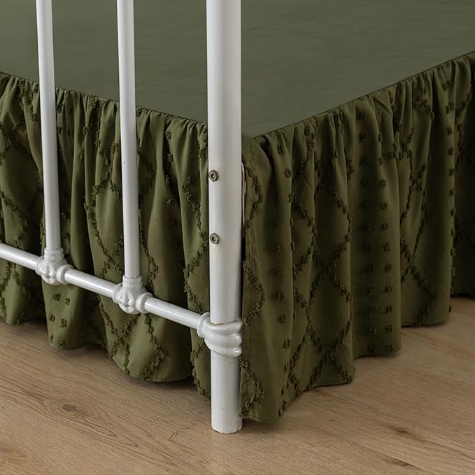 Bed Skirt Queen Size Ruffled Bed Skirt with Split Corners, 12 Inch Drop Dust Ruffle Bed Skirts with Platform, Boho Tufted Shabby Chic Queen Size Bed Skirts, Olive Green