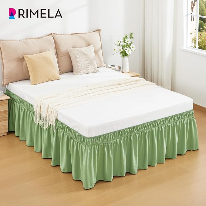 RIMELA Light Green Bed Skirt King Size 15 Inch Drop, Elastic Bed Skirting, Bedding Dust Ruffle Easy to Install, Lightweight Wrap Around Adjustable Bedskirt, Bedroom Decor