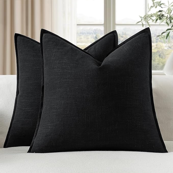 EMEMA Decorative Linen Throw Pillow Covers 18x18 Inch Black Boho Farmhouse Neutral Couch Throw Pillows for Bed Pack of 2 Accent Pillowcase Modern Sofa Cushion Livingroom Home