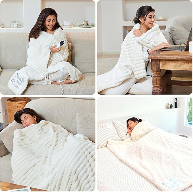 Heated Blanket 90"X100",Fast Heating Blanket with 6 Heat Levels 10 Hours Auto-Off Overheat Protection,Stripe Faux Rabbit Fur Soft Warm, ETL Certified,Cream