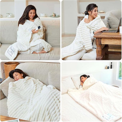Heated Blanket 90"X100",Fast Heating Blanket with 6 Heat Levels 10 Hours Auto-Off Overheat Protection,Stripe Faux Rabbit Fur Soft Warm, ETL Certified,Cream
