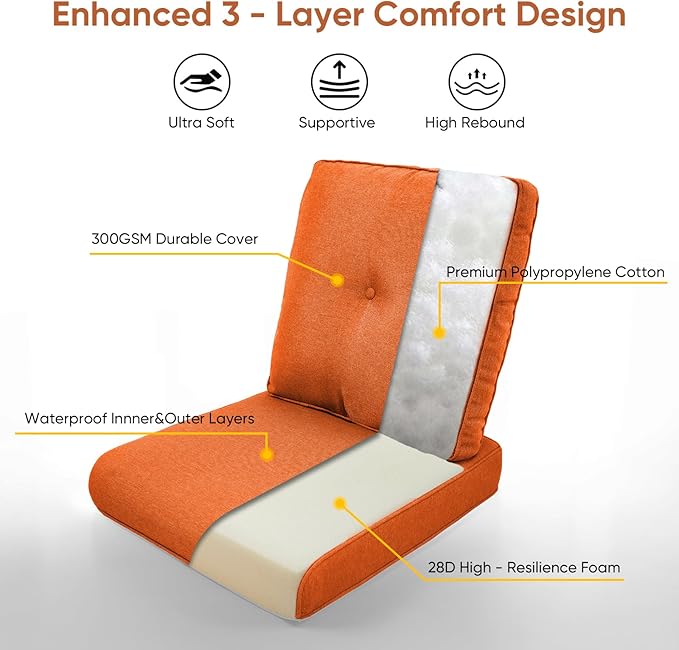 10-Piece Outdoor Patio Cushion Set - Fade & Water Resistant with Removable Olefin Cover, 22x24x4 Inch Memory Foam Cushions for Wicker Sectional Sofa – Orange/Buckle
