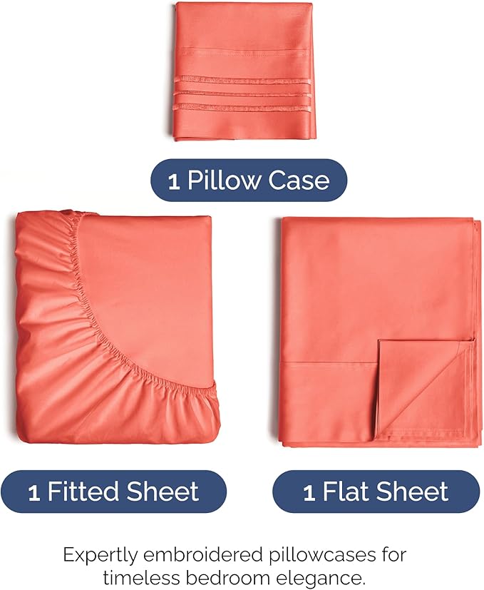 Twin XL Size 3 Piece Sheet Set - Comfy Breathable & Cooling Bed Sheets Set - Hotel Luxury Bedding for Women, Men, Kids, Teens, Boys & Girls - Deep Pockets, Ultra-Soft, Wrinkle Free - Oeko-Tex - Coral