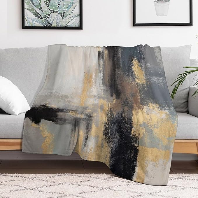 Fashion Gradient Blanket, Modern Abstract Baroque Glod Grey Painting Strokes Pattern Soft Warm Cozy Plush Flannel Covers for Livingroom Bedroom Couch Chair Camping Travel Home Decor Tapestry 60x80in