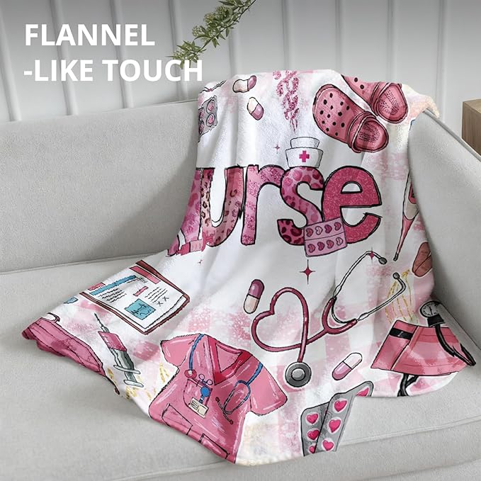 Pink Nurse Blanket, Coquette Pink Print Throw Blankets for Office Home Bedroom Living Room Couch Decor, Nurse Appreciation Gifts for Women, Nursing Gifts, 50x60 Inch